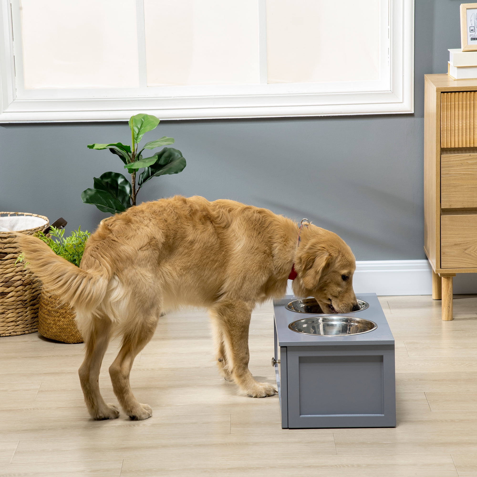Gray Elevated Dog Bowl Stand with Storage and Stainless Steel Bowls