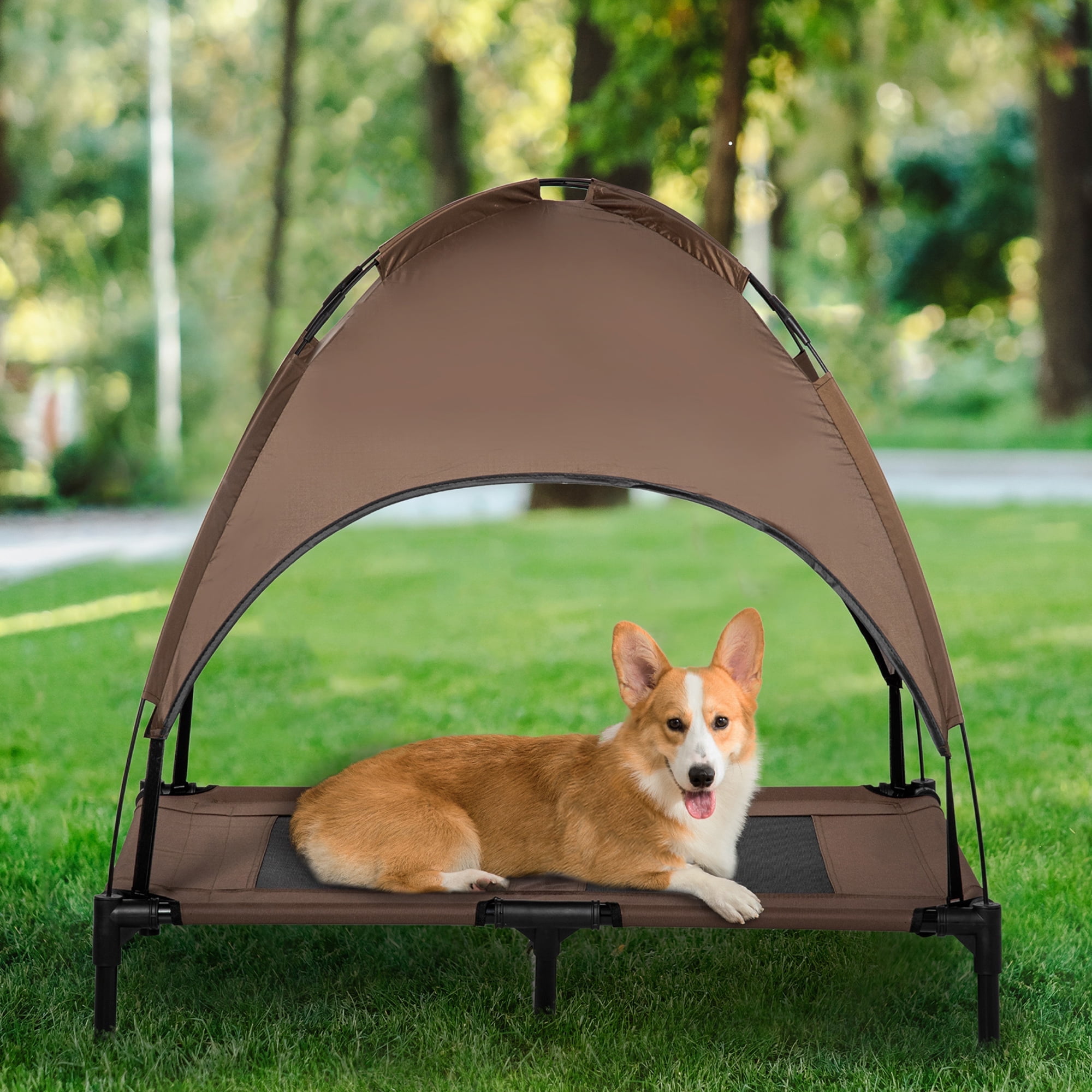 Coffee Brown Elevated Dog Cot with Canopy Shade, 36 inch