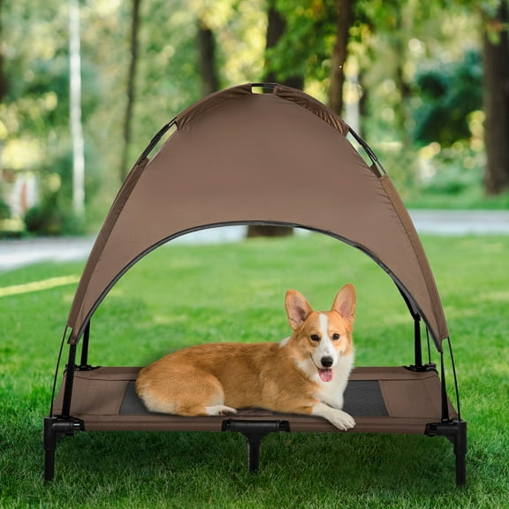 PawHut Elevated Portable Dog Cot Pet Bed with UV Protection Canopy Shade, 36 inch, Coffee