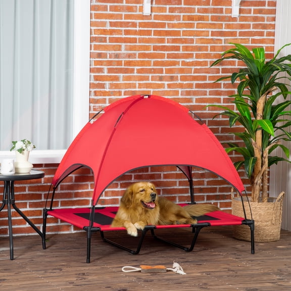 PawHut Elevated Portable Dog Cot Pet Bed with UV Protection Canopy Shade, 48 inch, Red