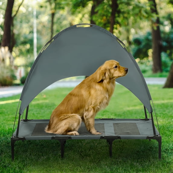 PawHut Elevated Portable Dog Cot Cooling Pet Bed With UV Protection Canopy Shade