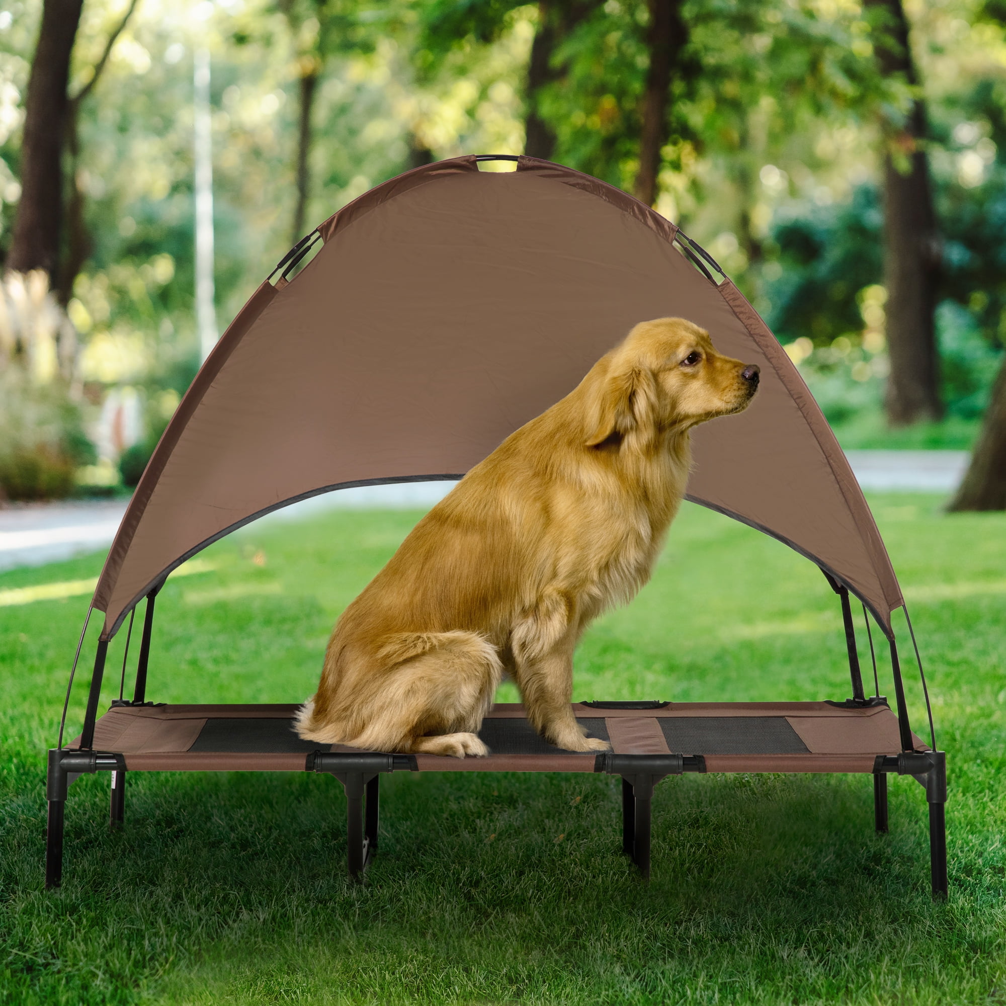 Large Coffee Outdoor Elevated Dog Cot Bed with Canopy