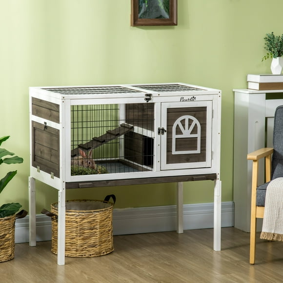 PawHut Elevated Rabbit Hutch, Indoor Wood Guinea Pig Cage with Run, Ladder, Lockable Doors, Coffee
