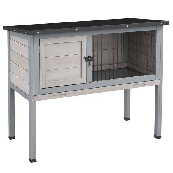 Elevated Rabbit Hutch, Wooden Bunny Cage with Hinged Asphalt Roof and Removable Tray, for Indoor/Outdoor, Gray