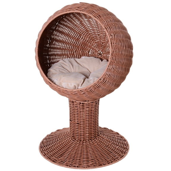 PawHut Elevated Rotatable Rattan Cat Bed Egg Pod with Soft Thick Cushion