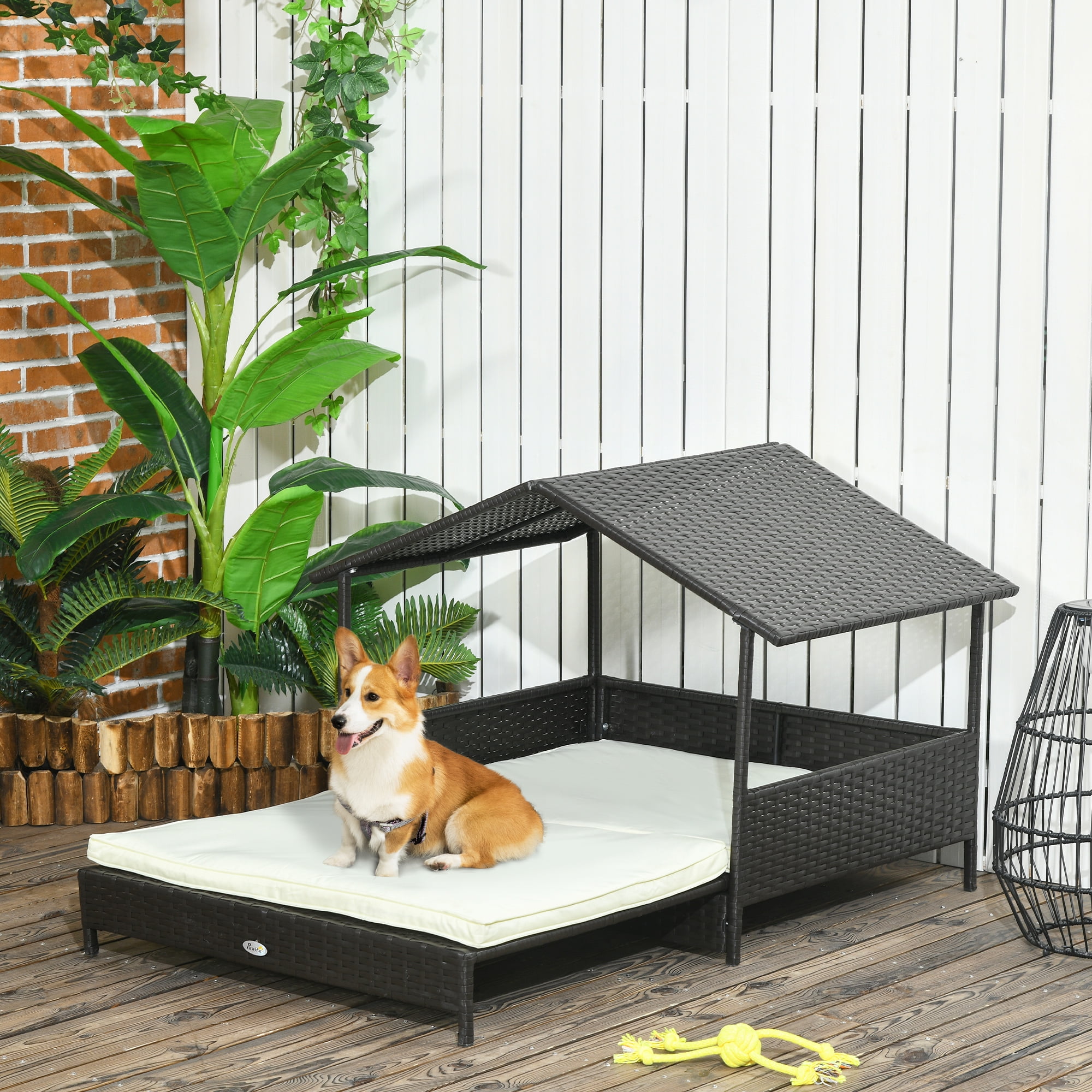Outdoor Black Wicker Dog Sofa Bed with Waterproof Roof