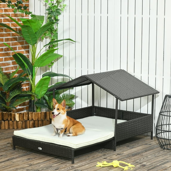 PawHut Extendable Wicker Dog House Outdoor w/ Waterproof Roof, Cream White