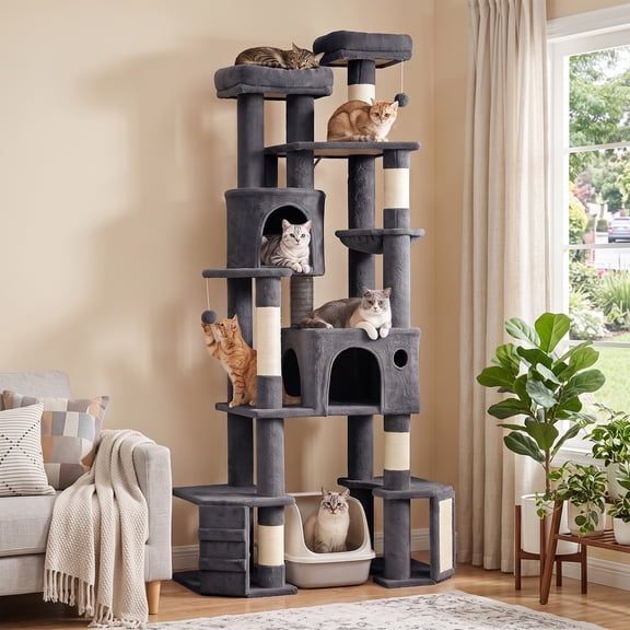 PawHut Extra Large Cat Tree Tower with Dual Baseboard, 79-Inch Heavy Duty Cat Tree for Indoor Large Adult Big Cats, Dark Gray
