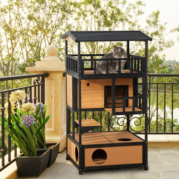 PawHut Feral Cat House, Outdoor Kitten Condo, w/ Asphalt Roof, Escape Door