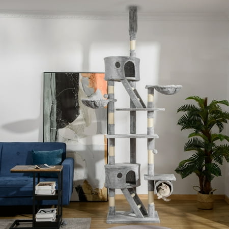 PawHut Floor to Ceiling Cat Tree, 94.5"-102.5" Height Adjustable Cat Climbing Tower with Scratching Posts, Condos, Hammocks, Platforms, Dangling Balls