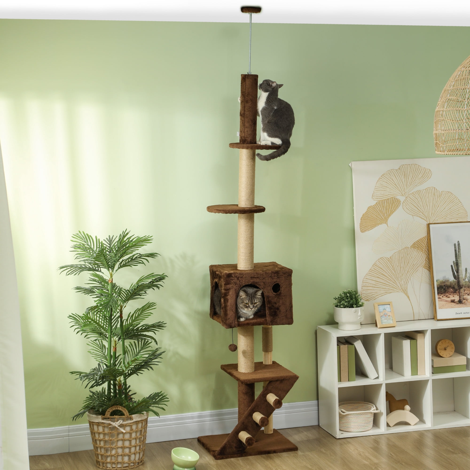 PawHut Floor to Ceiling Cat Tree, Adjustable Height 89"104", Brown