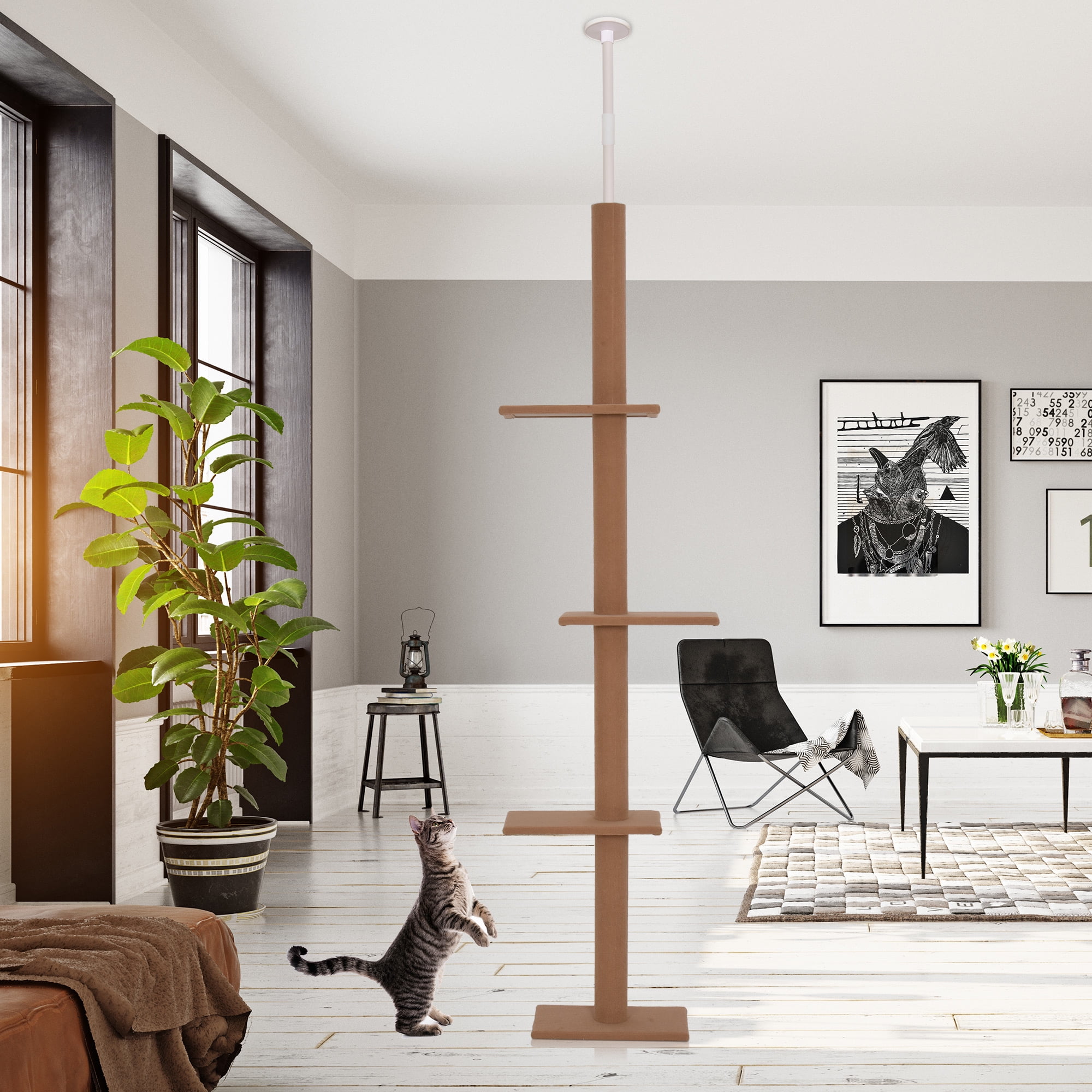 Brown Floor-to-Ceiling Cat Tree with Sisal-Covered Posts