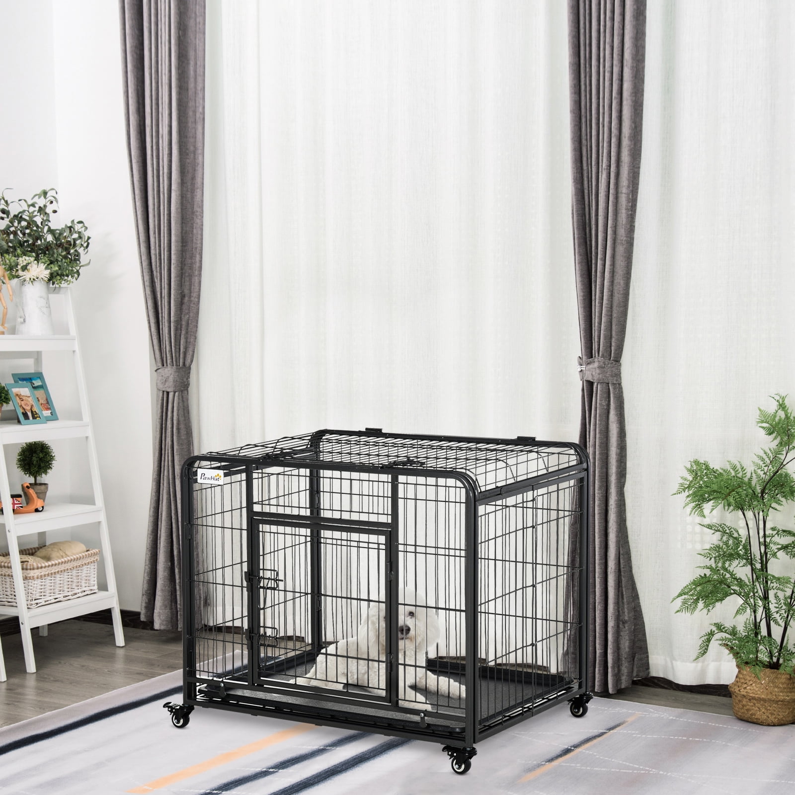 Heavy Duty Black Metal Folding Dog Crate with Wheels
