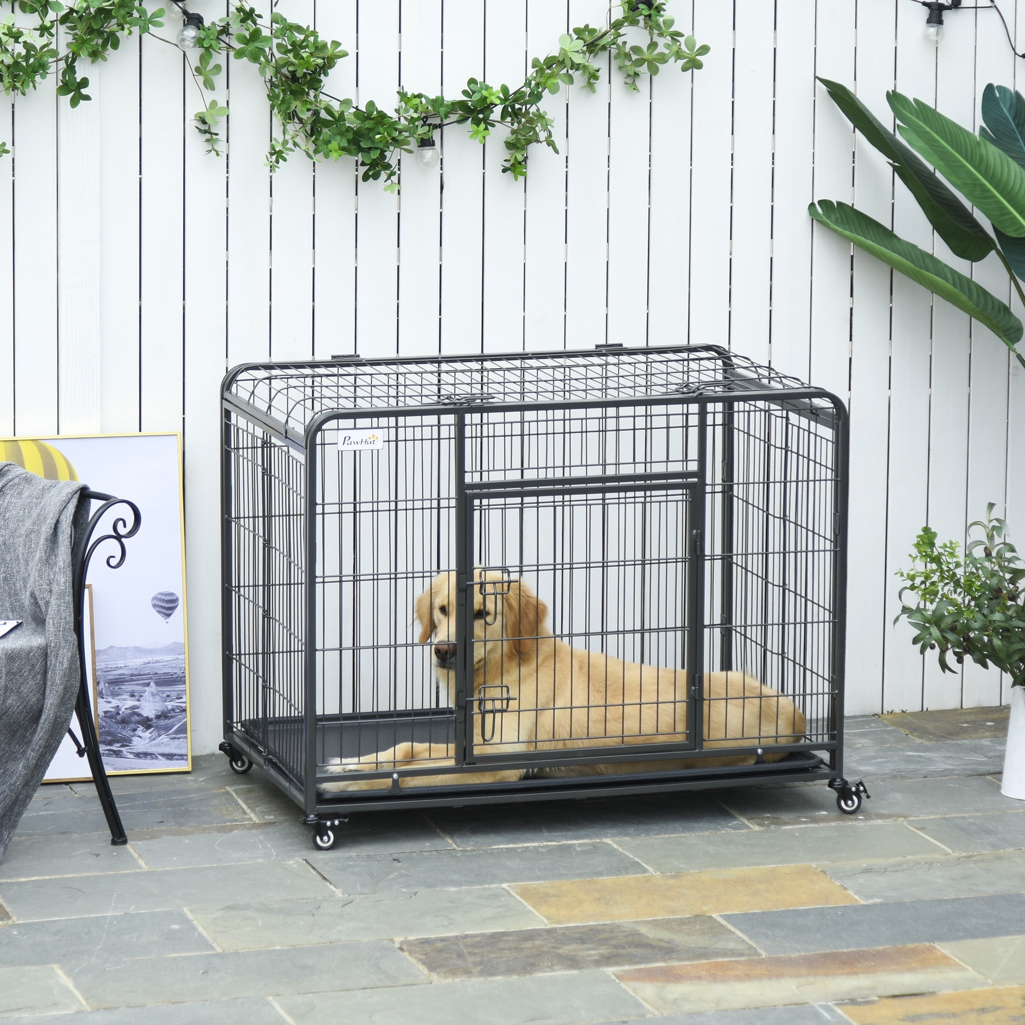 Heavy Duty Black Metal Dog Cage with Wheels and Tray, 43"