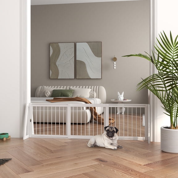 PawHut Freestanding Pet Gate, Wooden Dog Gate with 28"-75" Retractable Length, Support Feet & Non-slip Mats for Indoor, Stairway, Doorway, White