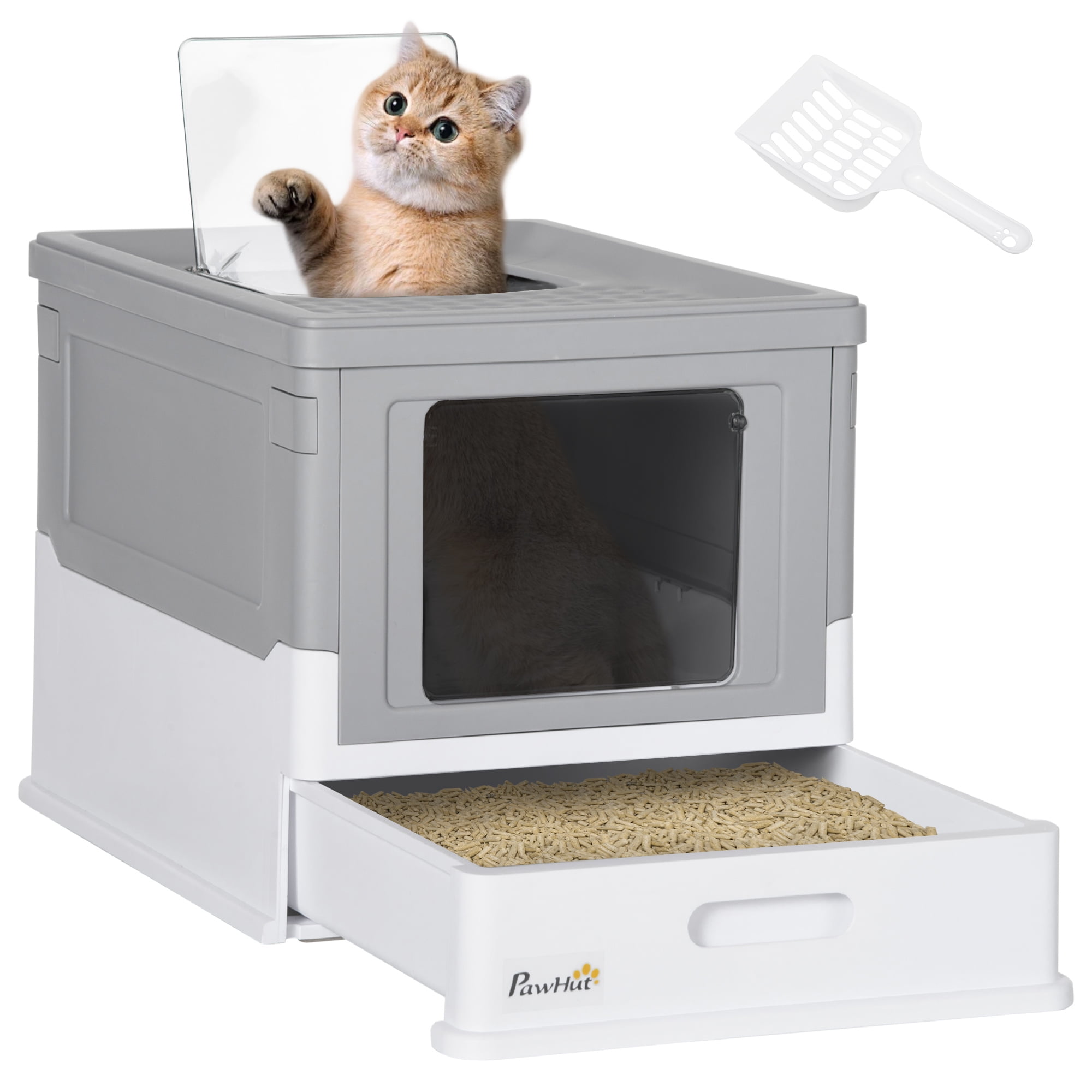 PawHut Fully Enclosed Cat Litter Box with Front Entry, Top Exit, Gray