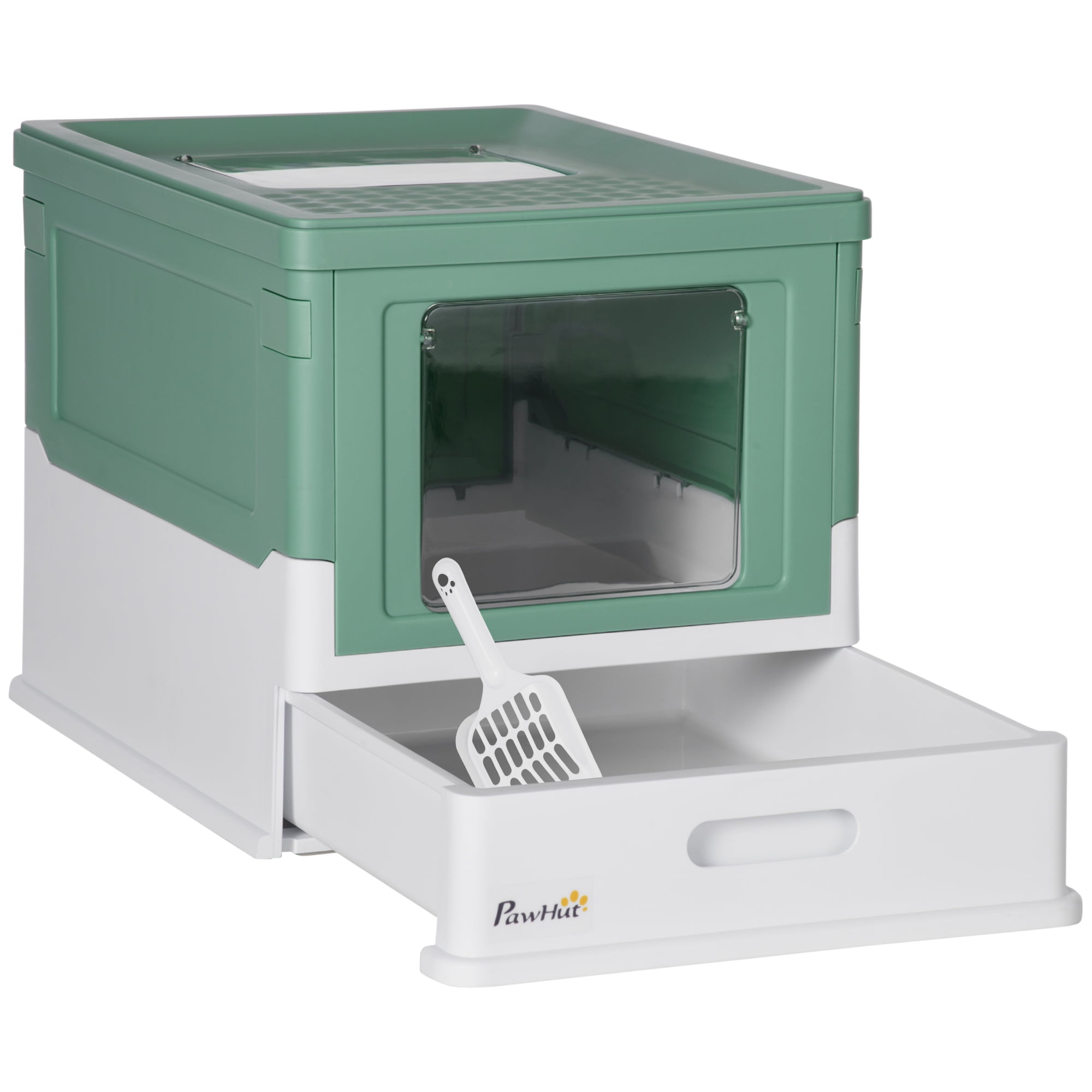 Green and White Enclosed Cat Litter Box with Scoop
