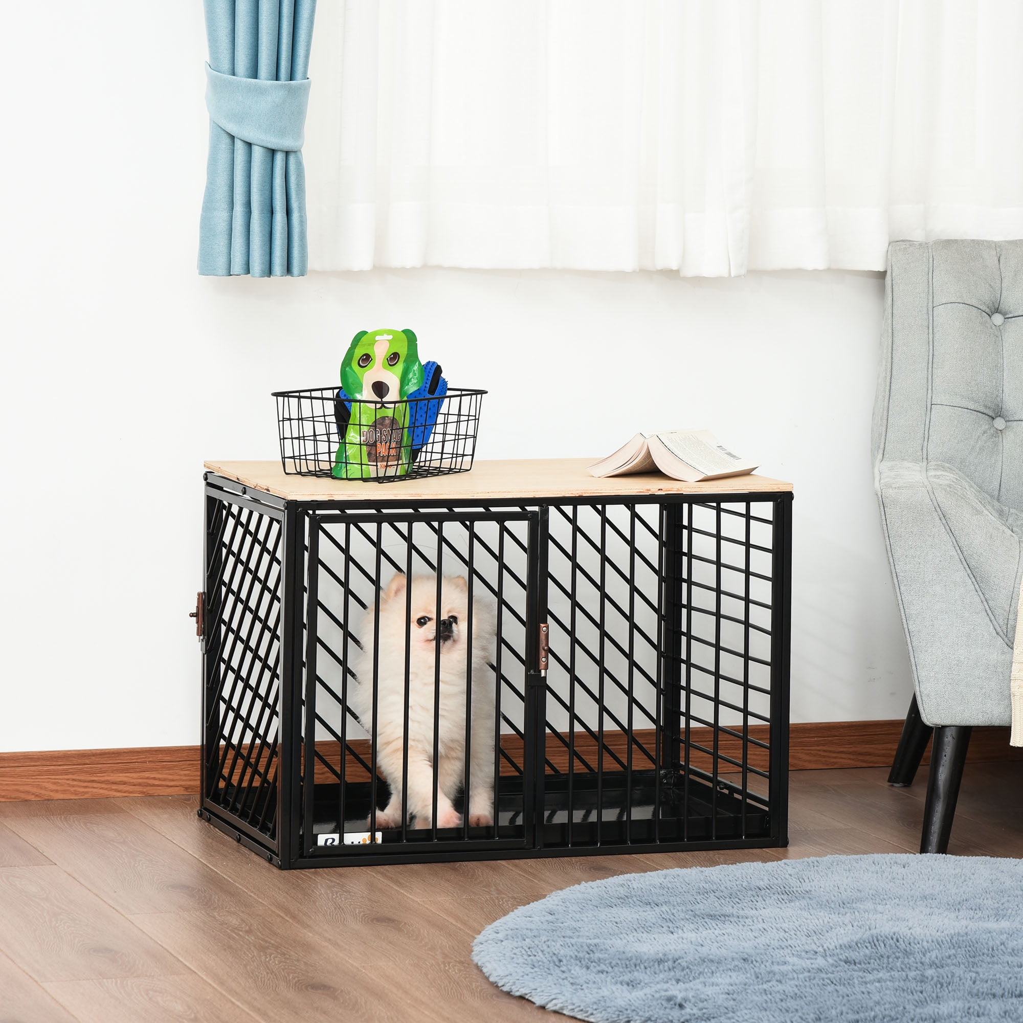 PawHut Furniture Style Dog Crate Cleaning Tray, Small Medium Pet Indoor Black
