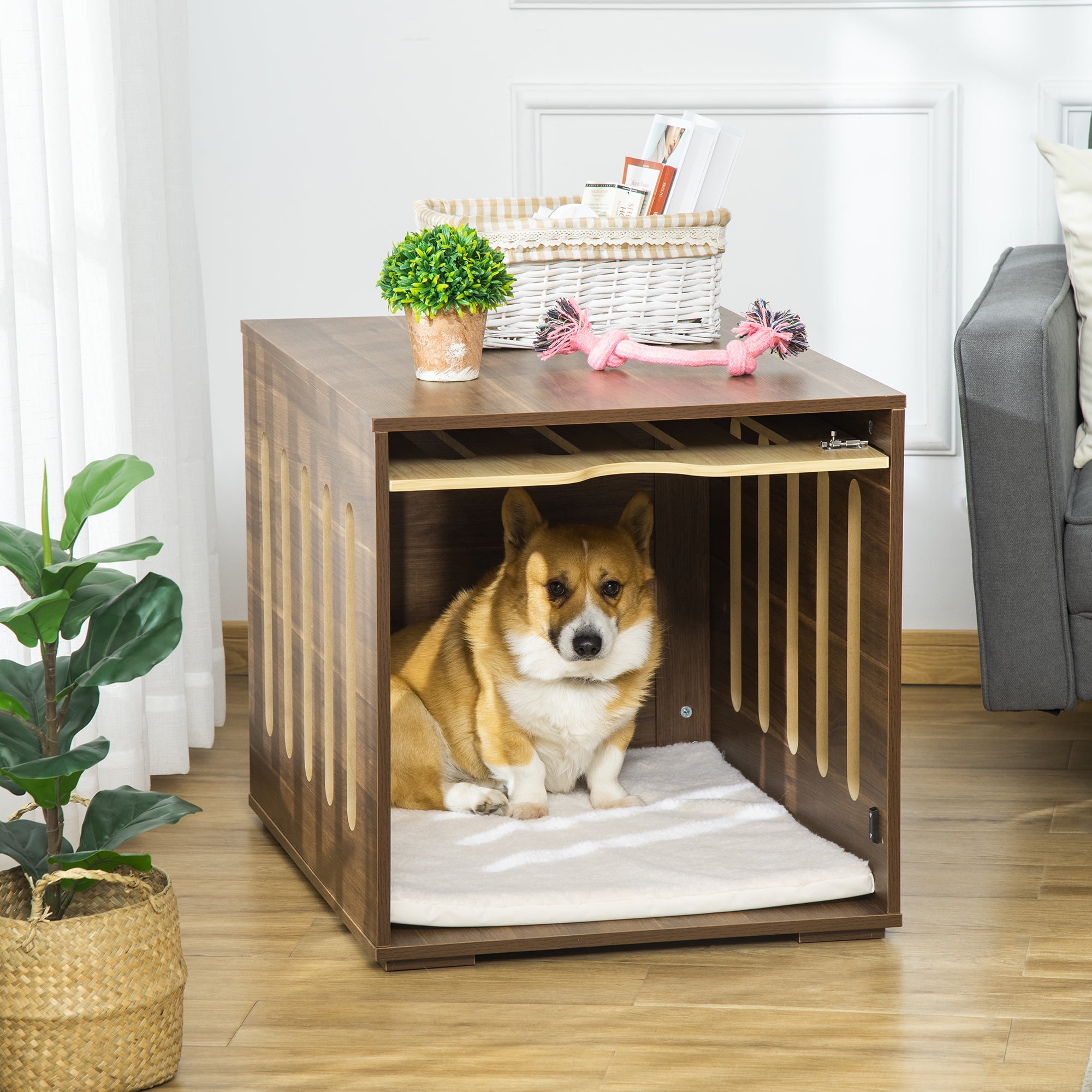 Medium Brown and White Wooden Dog Crate Table