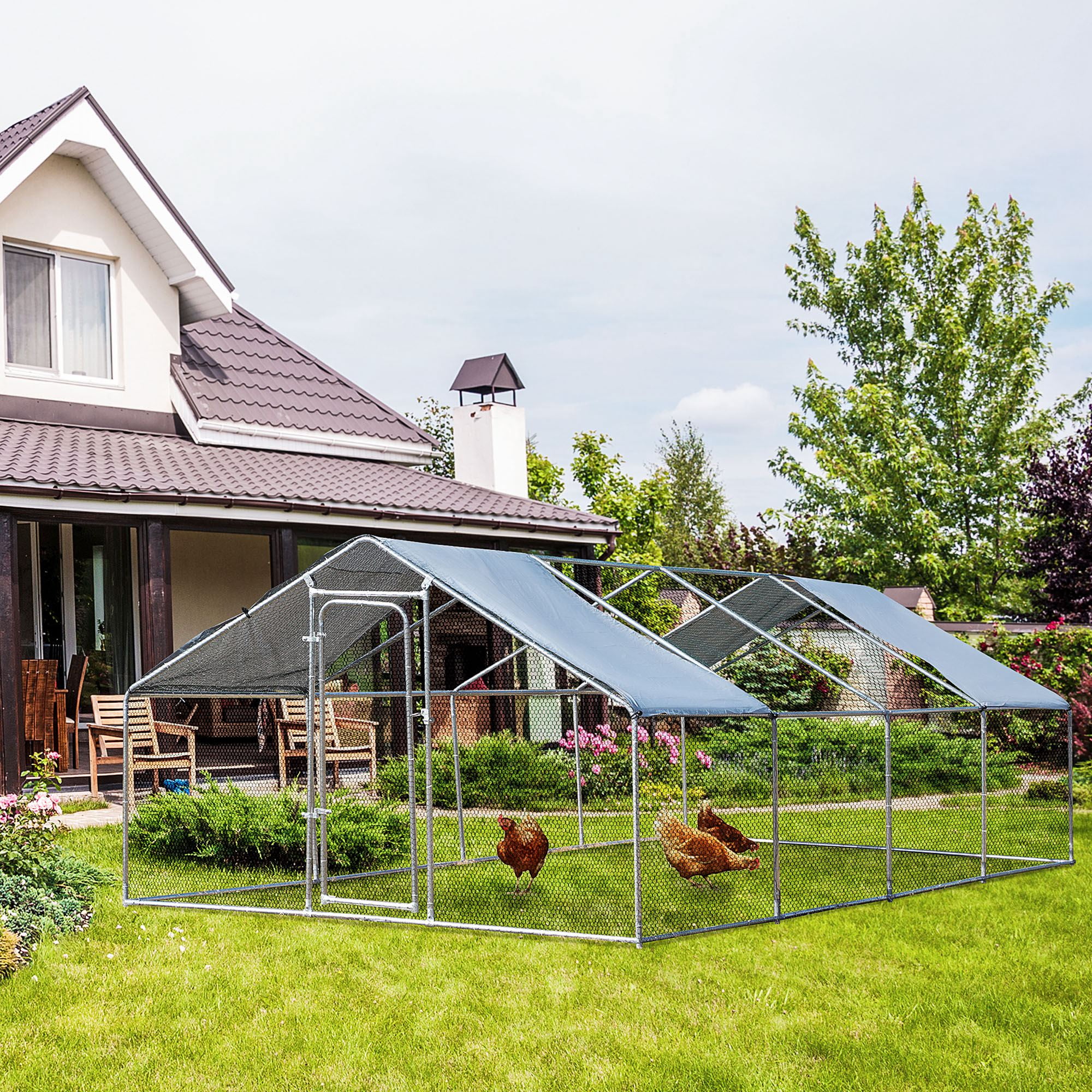 PawHut Galvanized Large Metal Chicken Coop Cage 4 Rooms Walk-in Enclosure Poultry Hen Run House Playpen Rabbit Hutch UV & Water Resistant Cover for Outdoor Backyard 118" L x 315" W x 77" H