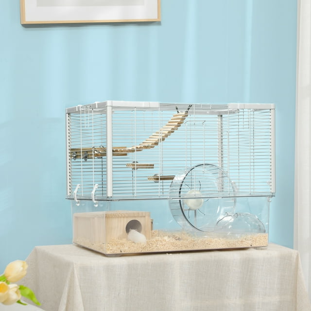 Pawhut Hamster Cage, Gerbilarium Cage, Wooden Ramp, Exercise Wheel, Food Bowl, Natural Tone And White