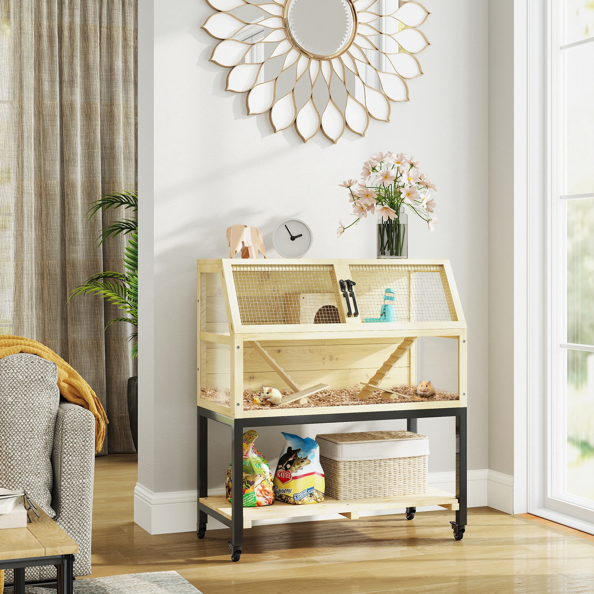 Natural Wood and Metal Hamster Cage with Wheels and Storage Shelf