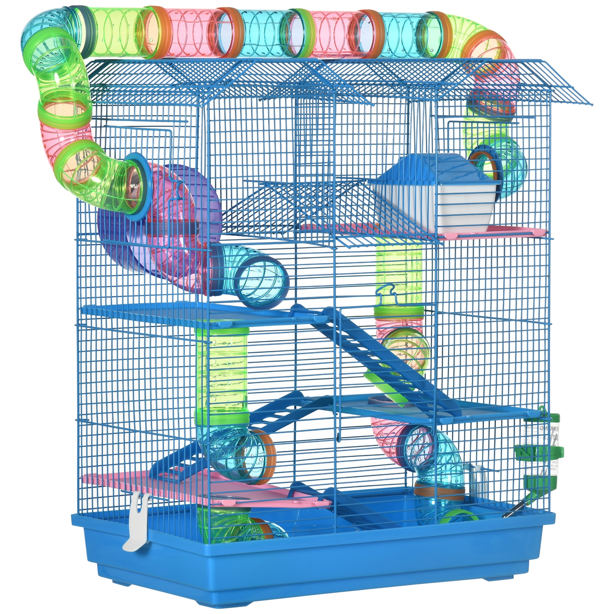 PawHut Hamster Cage, 23.5 Mouse Cage with Glass Basin, Ramps, Platforms,  Hut, Exercise Wheel, Black