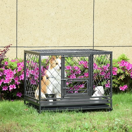 PawHut Heavy Duty Dog Crate, Metal Dog Cage Kennel with Lockable Wheels, Slide-Out Tray, Food Bowl and Double Doors, 42.5"