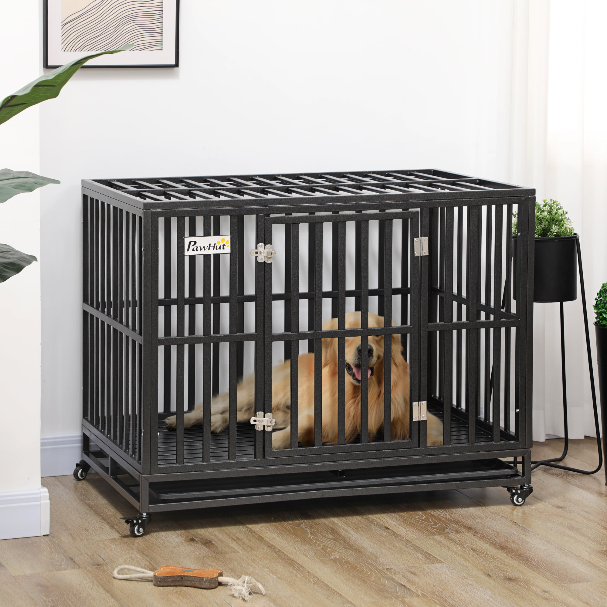 Heavy Duty Black Steel Rolling Dog Crate with Lockable Wheels
