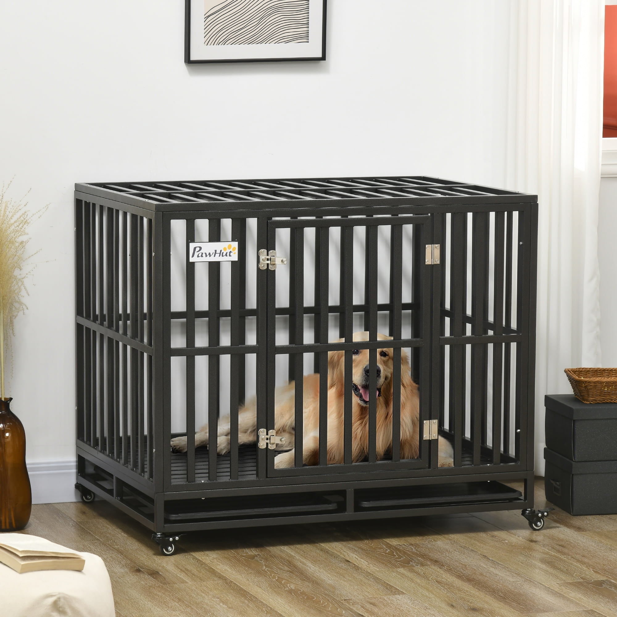 Heavy Duty Black Steel Rolling Dog Crate with Lockable Wheels