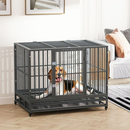 PawHut Heavy Duty Steel Dog Crate with Wheels, Gray, Large, 42"L
