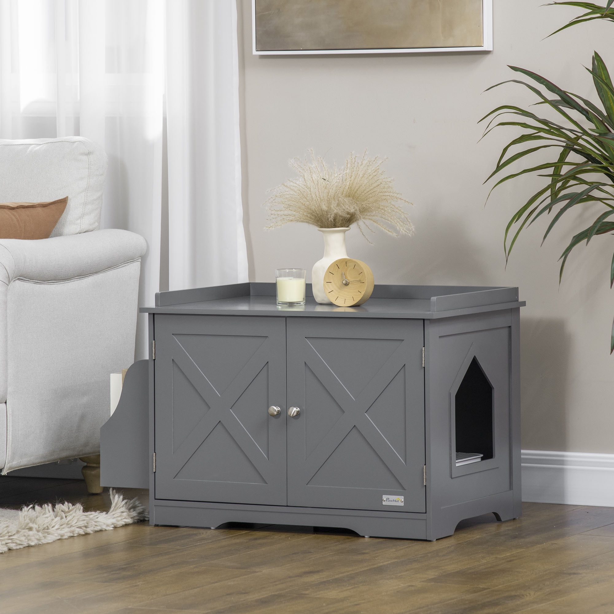 Gray Farmhouse Hidden Cat Litter Box Enclosure Table