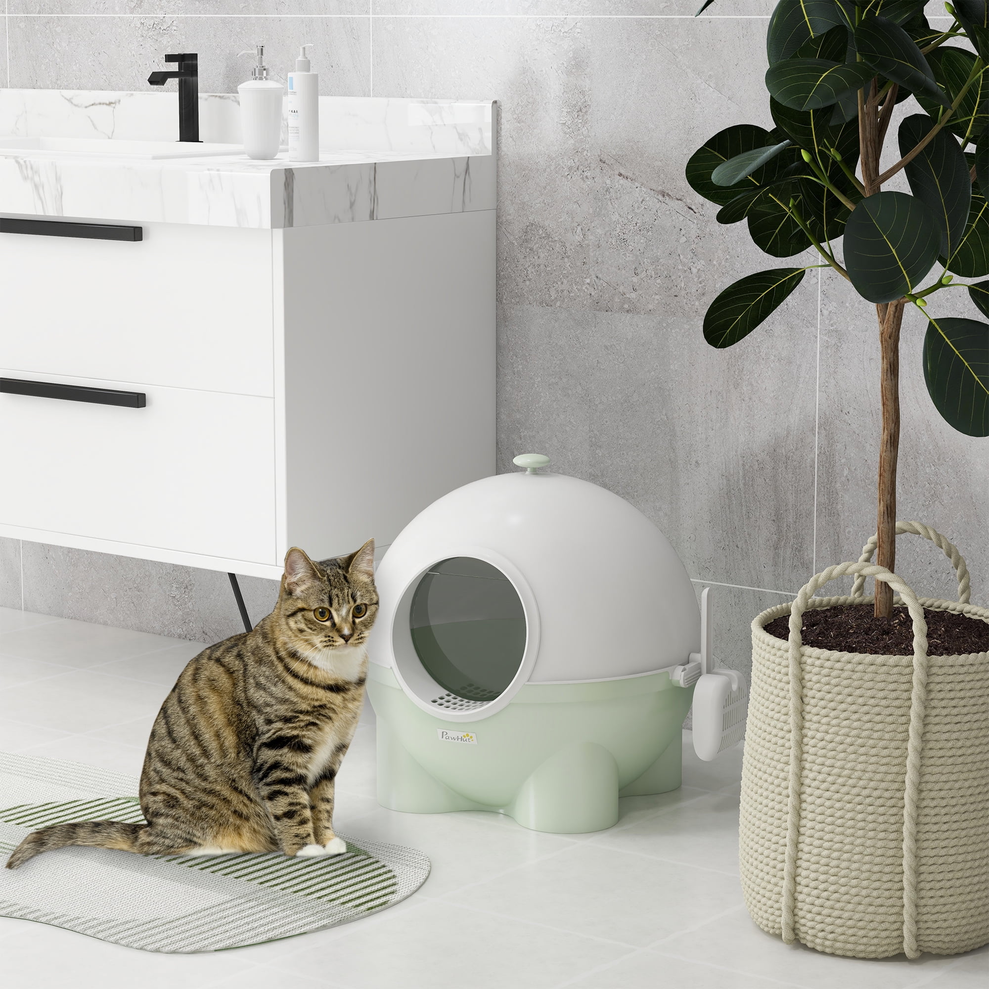Large Green and White Hooded Cat Litter Box with Scoop