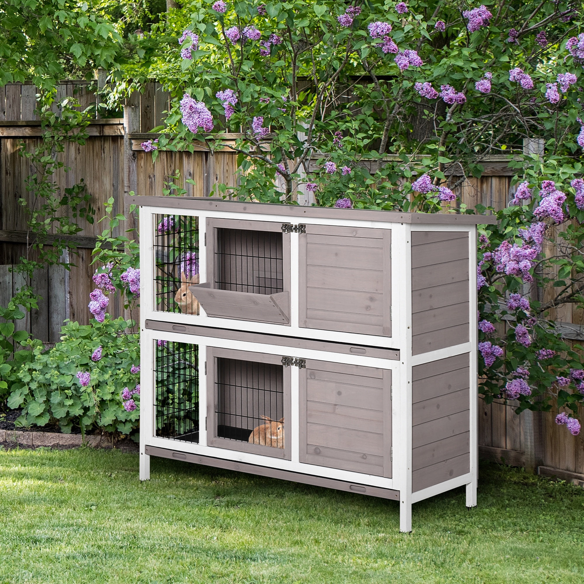 Gray and White Wooden 2-Tier Guinea Pig Cage with Slide-Out Tray