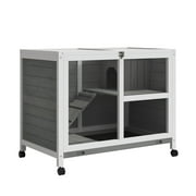 PawHut Indoor Rabbit Hutch with Wheels, Desk and Side Table Sized, Wood Rabbit Cage, Waterproof Small Rabbit Cage, Gray