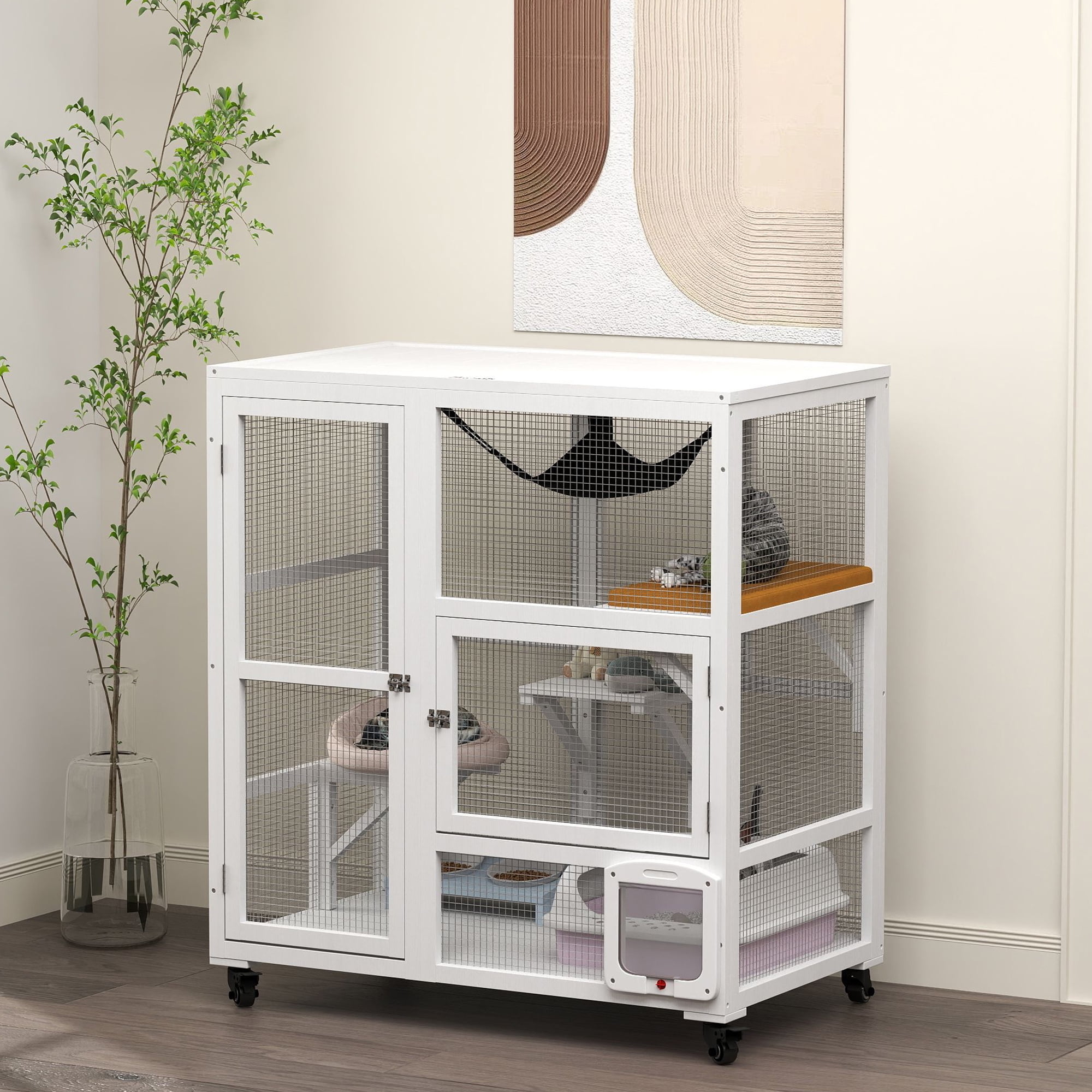 PawHut Indoor Wooden Catio, Cat House Cat Enclosure on Wheels with