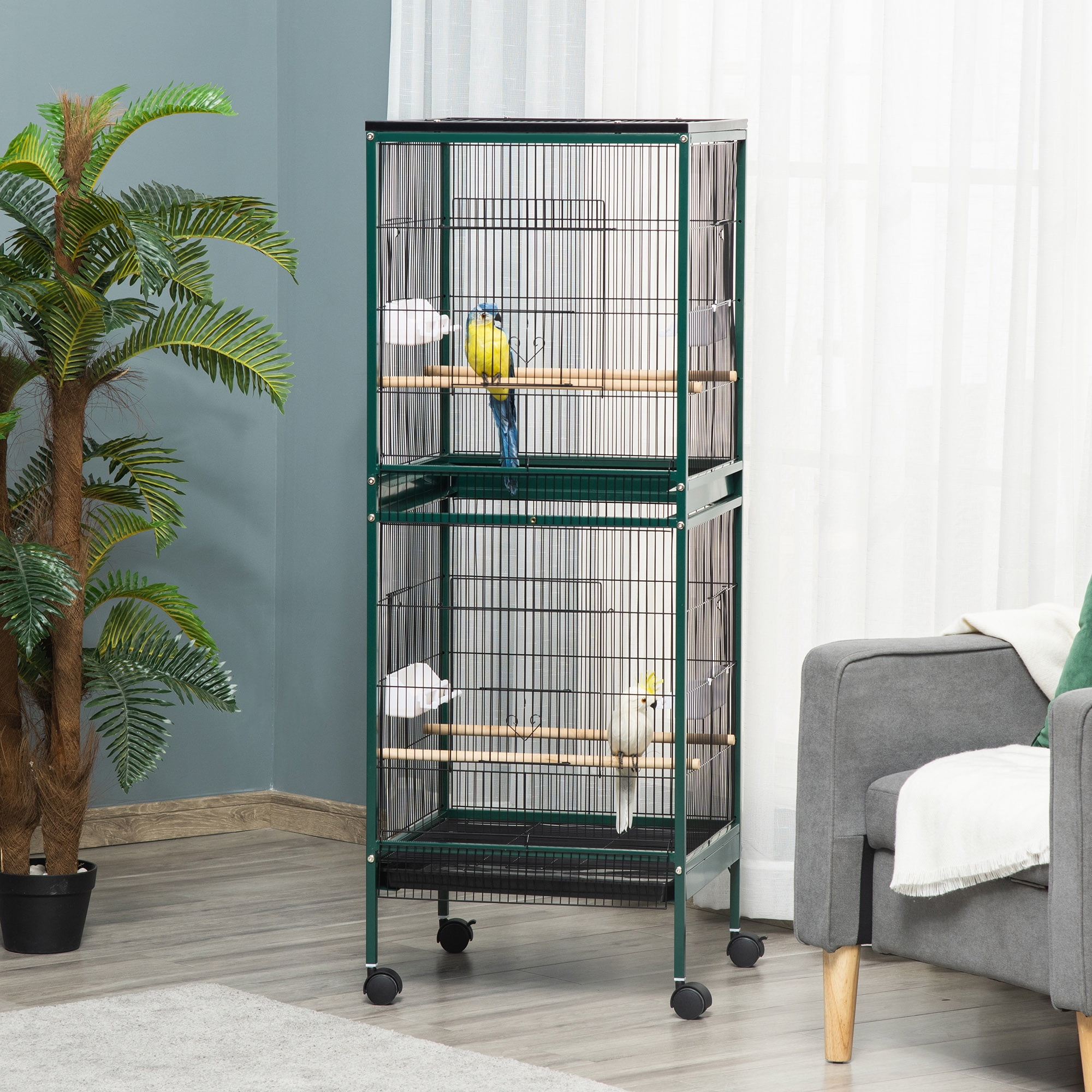 PawHut Green 55" Metal Double Bird Cage with Wheels