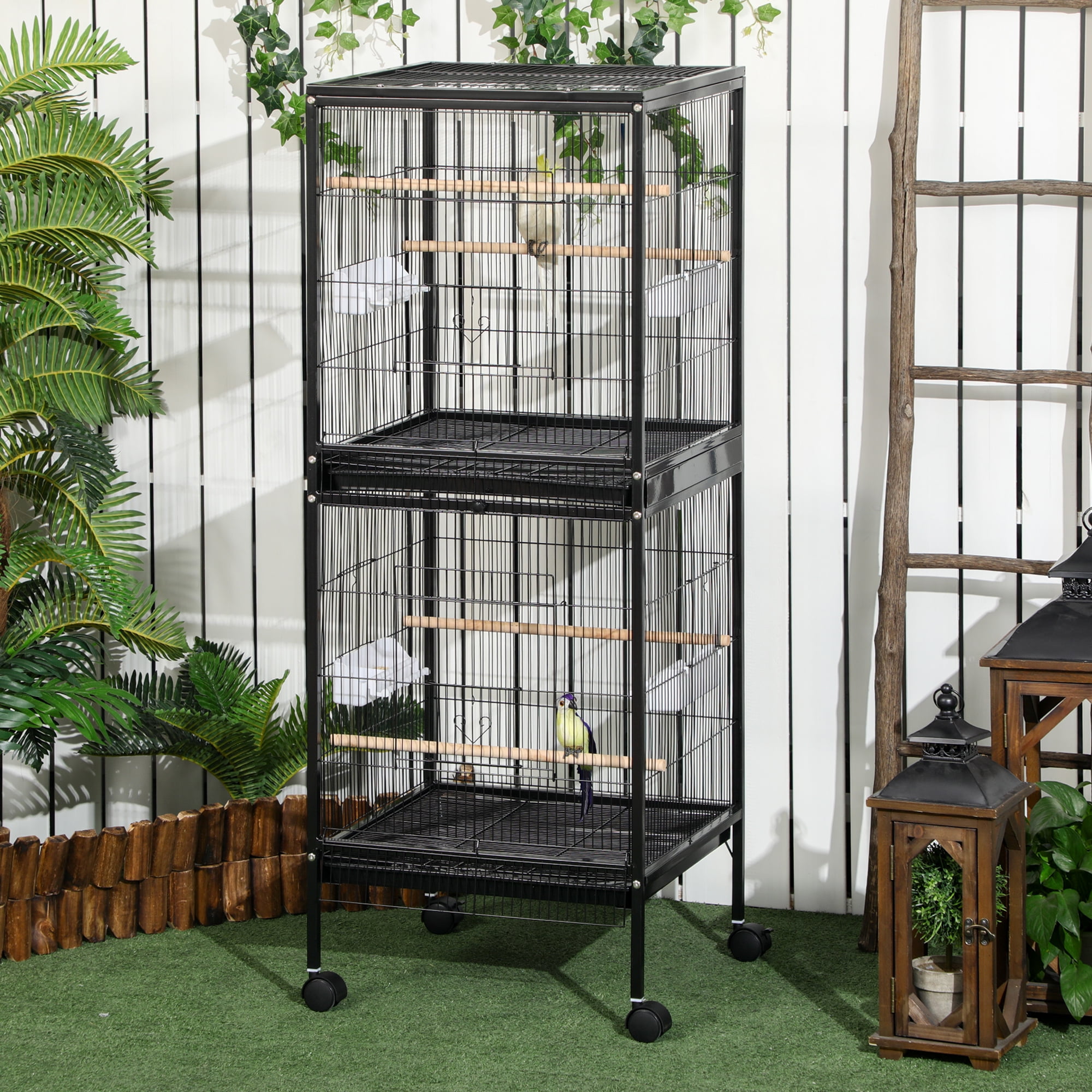 Black 55" Tall Metal Bird Cage with Wheels and Perches