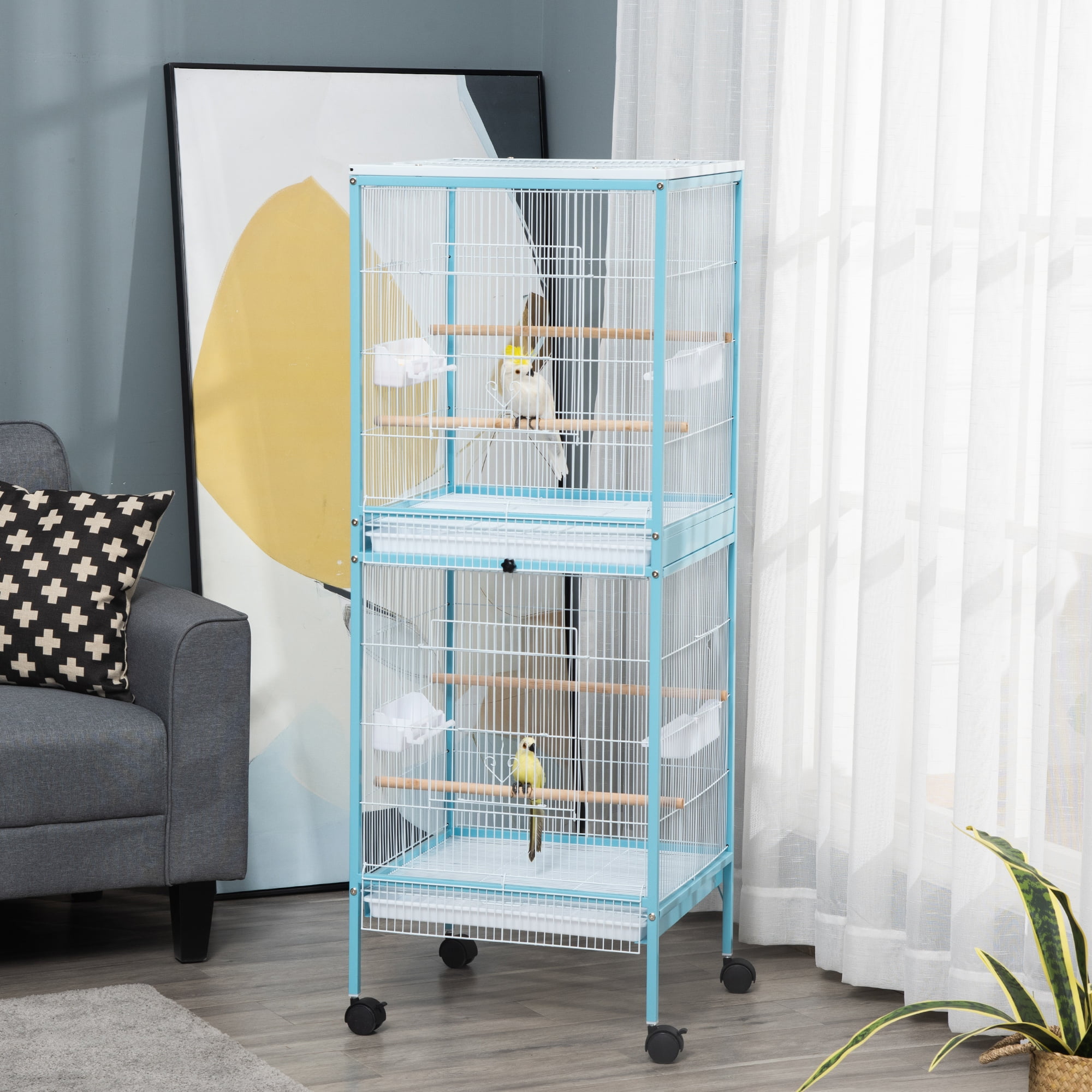 PawHut 55" Light Blue Metal Bird Cage with Wheels and Perches