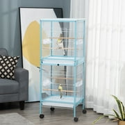 PawHut 55 2 In 1 Bird Cage Aviary Parakeet House for finches, budgies with Wheels, Slide-out Trays, Wood Perch, Food Containers, Light Blue