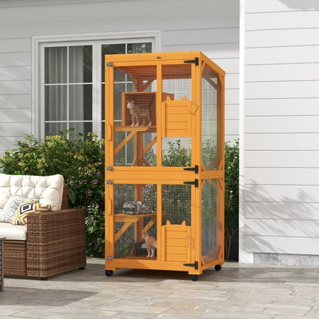 PawHut Large Cat House for 1-3 Cats on Wheels Wooden Catio Enclosure Orange