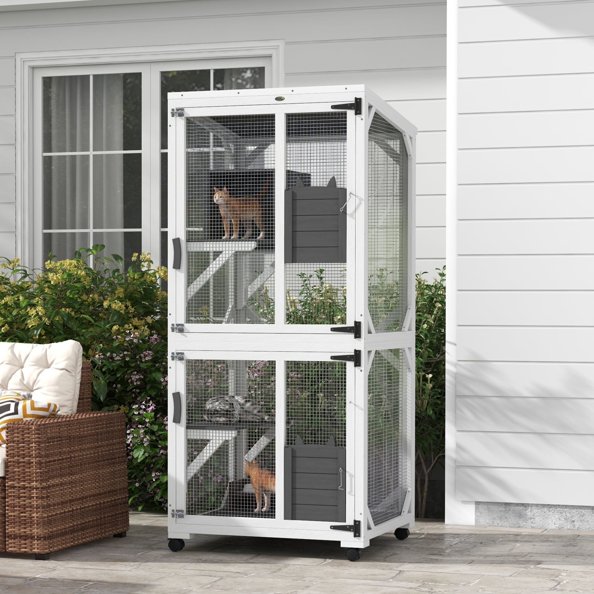 Large White and Gray Wooden Outdoor Cat House with Wheels