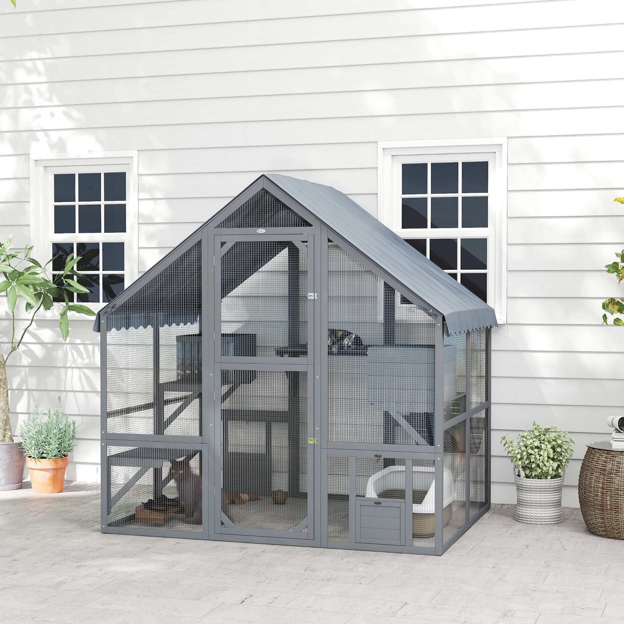 Gray Wooden Outdoor Cat Enclosure with Platforms and Condos