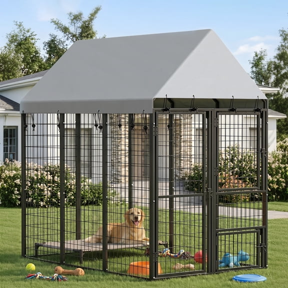 PawHut Large Dog Kennel Outdoor with Roof, 3 Doors, Expandable Heavy Duty Dog Kennel Outside Ru with Secure Lock, Removable Door, 6' x 4' x 6'