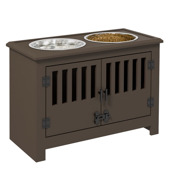 PawHut Large Elevated Dog Bowls with Storage Cabinet Containing Large 37L Capacity, Raised Dog Bowl Stand Pet Food Bowl Dog Feeding Station, Espresso