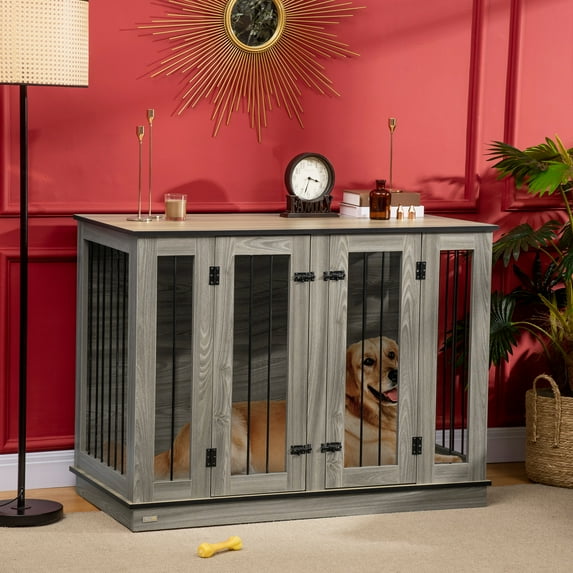 PawHut Large Furniture Style Dog Crate with Removable Panel Dark Walnut