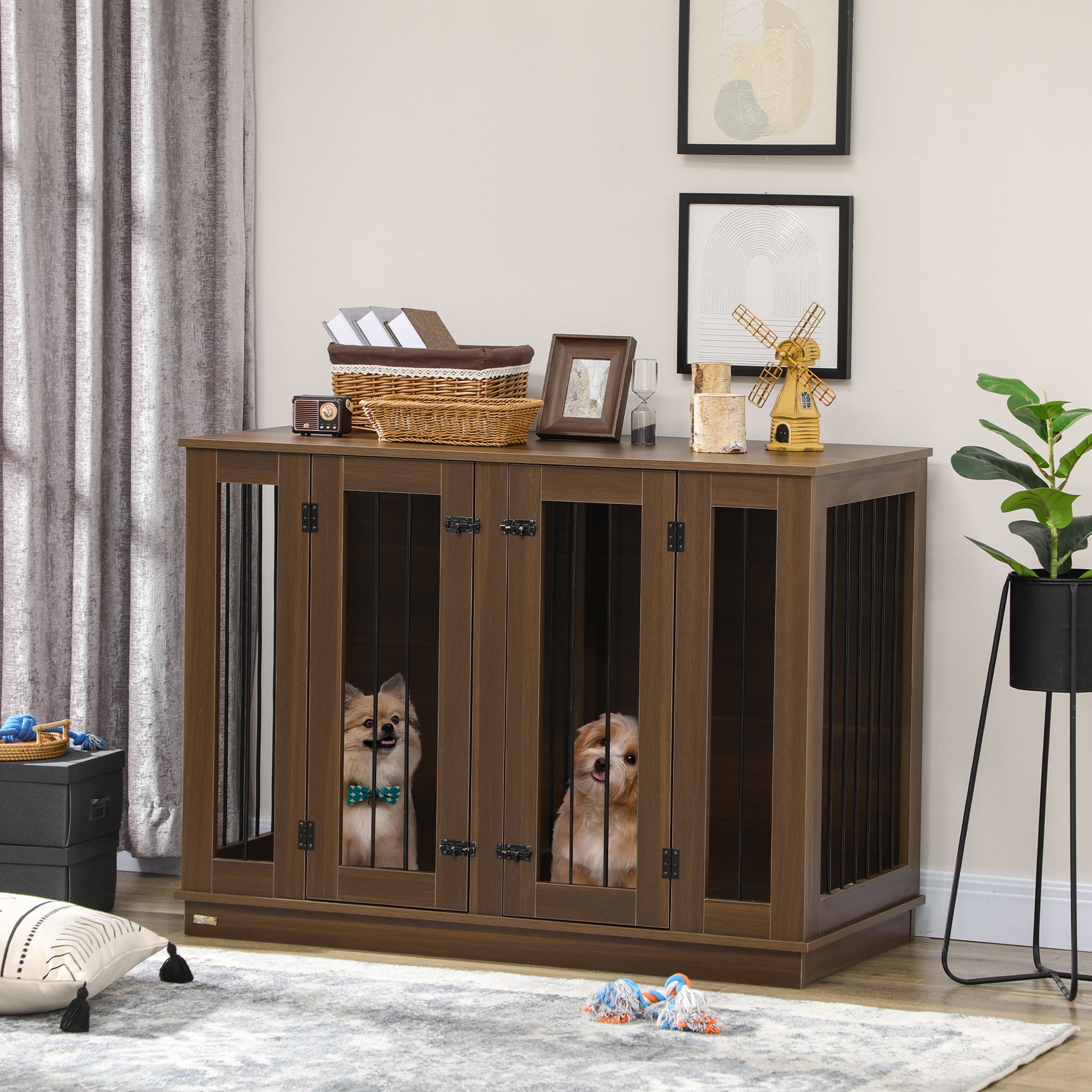 Large Brown Wooden Dog Crate Table with Removable Panel