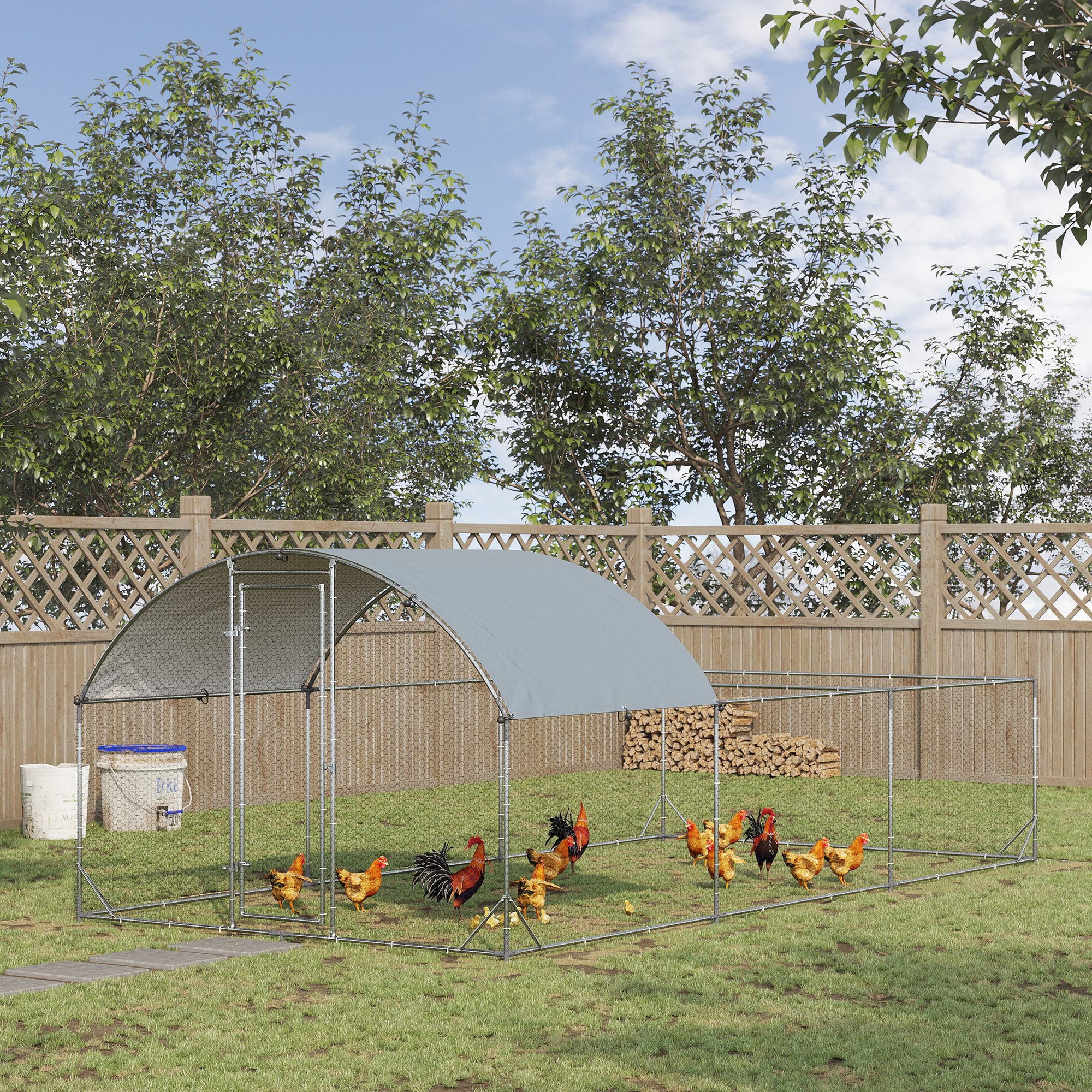 Large Silver Metal Walk-In Chicken Coop with Waterproof Cover