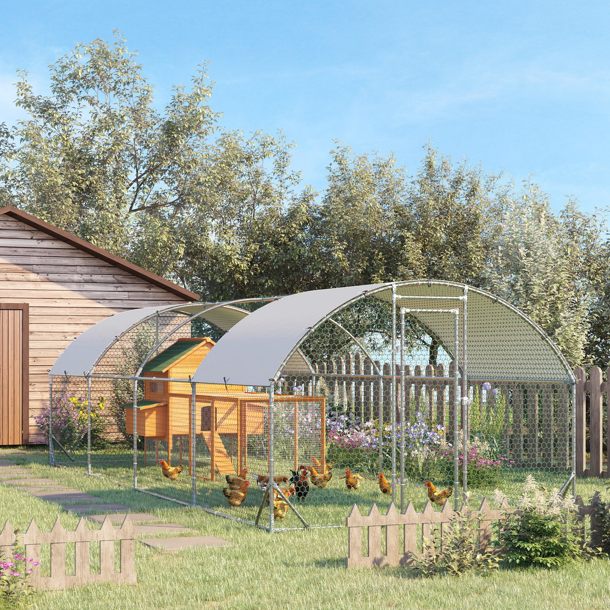 Large Silver Metal Walk-In Chicken Coop with UV-Resistant Cover