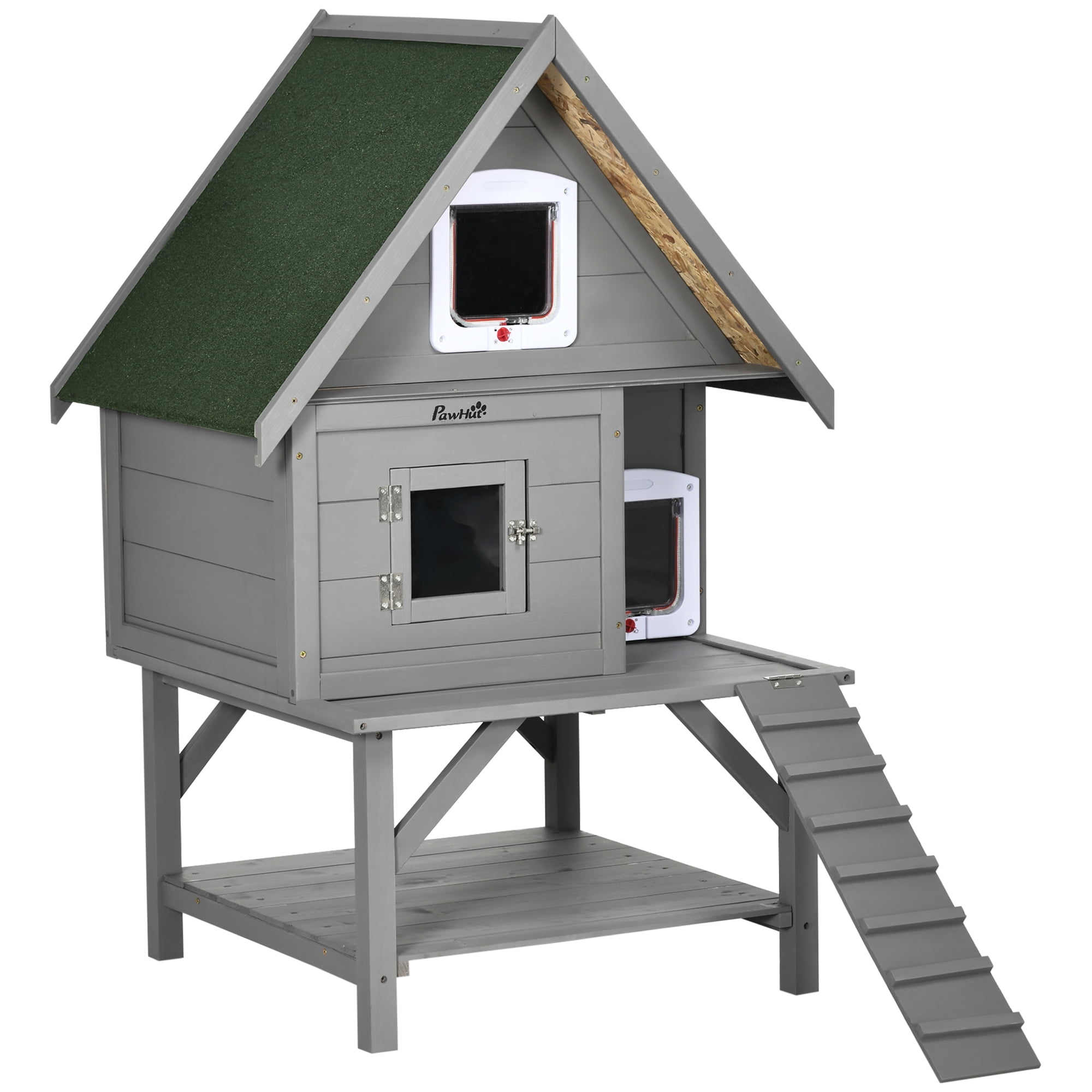 DWVO Large Two-Story Outdoor Cat House With Balcony - Weatherproof Wood Shelter For 2 Cats, With Escape Door